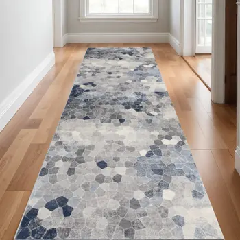17' Runner Blue Beige And Gray Cobblestone Runner Rug
