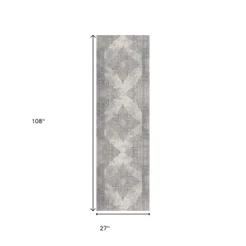 9' Gray And Beige Medallion Runner Rug
