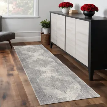 9' Gray And Beige Medallion Runner Rug