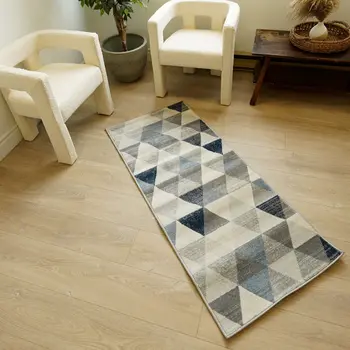 30' Runner Blue Beige And Gray Geometric Area Rug