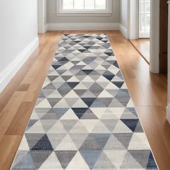 25' Runner Blue Beige And Gray Geometric Runner Rug