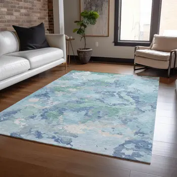 3' X 5' Blue And Teal Blue Abstract Washable Indoor Outdoor Area Rug