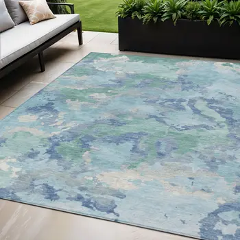 5' X 8' Blue And Teal Blue Abstract Washable Indoor Outdoor Area Rug