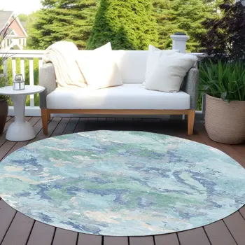 8' Blue And Teal Blue Round Abstract Washable Indoor Outdoor Area Rug