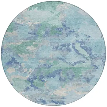 8' Blue And Teal Blue Round Abstract Washable Indoor Outdoor Area Rug