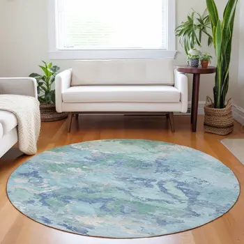 8' Blue And Teal Blue Round Abstract Washable Indoor Outdoor Area Rug