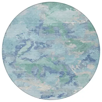 8' Blue And Teal Blue Round Abstract Washable Indoor Outdoor Area Rug