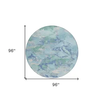 8' Blue And Teal Blue Round Abstract Washable Indoor Outdoor Area Rug