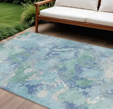 9' X 12' Blue And Teal Blue Abstract Washable Indoor Outdoor Area Rug