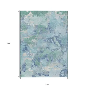 10' X 14' Blue And Teal Blue Abstract Washable Indoor Outdoor Area Rug