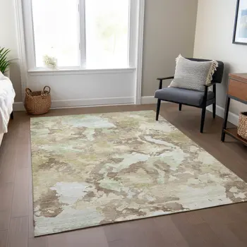 10' X 14' Taupe And Ivory Abstract Washable Indoor Outdoor Area Rug