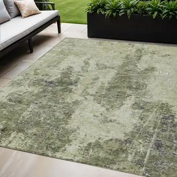 5' X 8' Artichoke Green And Fern Green Abstract Washable Indoor Outdoor Area Rug