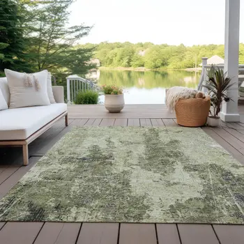9' X 12' Artichoke Green And Fern Green Abstract Washable Indoor Outdoor Area Rug