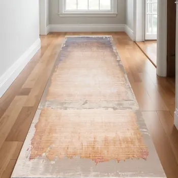 11' Beige Blue And Brown Abstract Runner Rug