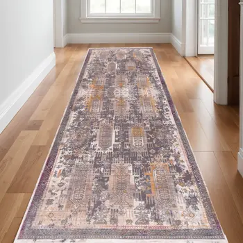 11' Gray Beige And Orange Southwestern Runner Rug