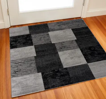 3' Gray And Black Geometric Square Rug