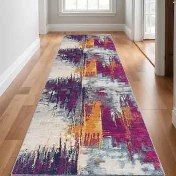 16' Purple Orange And Gray Abstract Runner Rug