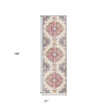 14' Blue Pink And Beige Oriental Runner Rug