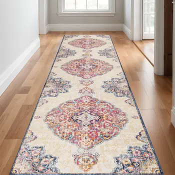 14' Blue Pink And Beige Oriental Runner Rug