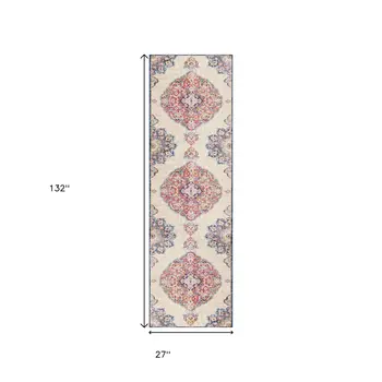 11' Blue Pink And Beige Oriental Runner Rug