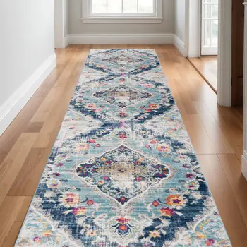 11' Blue Gray And Pink Oriental Runner Rug