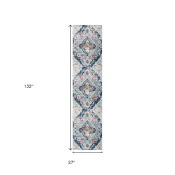 11' Blue Gray And Pink Oriental Runner Rug