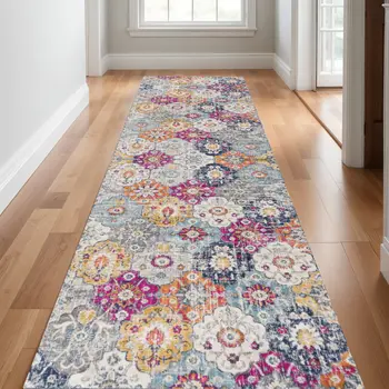 16' Gray Gold And Pink Floral Medallion Runner Rug