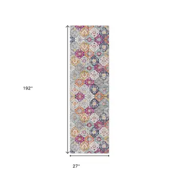 16' Gray Gold And Pink Floral Medallion Runner Rug