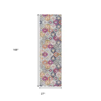 14' Gray Gold And Pink Floral Medallion Runner Rug