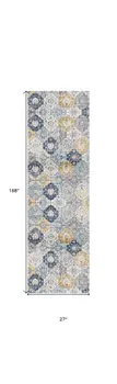 14' Blue Gray And Gold Floral Medallion Runner Rug