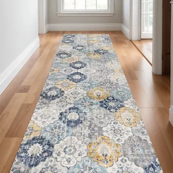 14' Blue Gray And Gold Floral Medallion Runner Rug