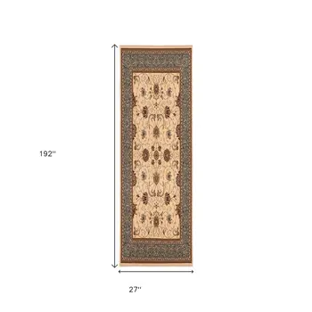 16' Beige Gray And Brown Oriental Runner Rug