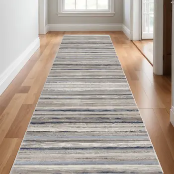 16' Blue Brown And Beige Striped Runner Rug