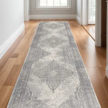 16' Gray And Beige Oriental Runner Rug