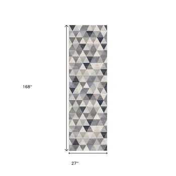 14' Blue Beige And Gray Geometric Runner Rug