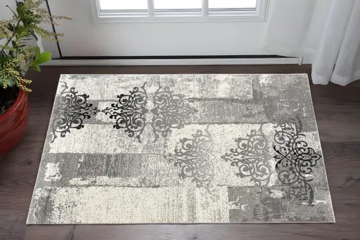 2' X 3' Gray Black And Ivory Damask Area Rug