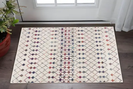 2' X 3' Beige Blue And Pink Geometric Area Rug