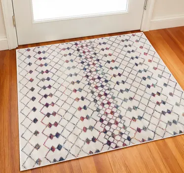2' X 2' Beige Blue And Pink Geometric Square Rug
