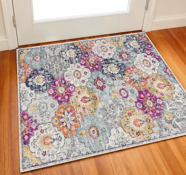 2' X 2' Gray Gold And Pink Floral Medallion Square Rug
