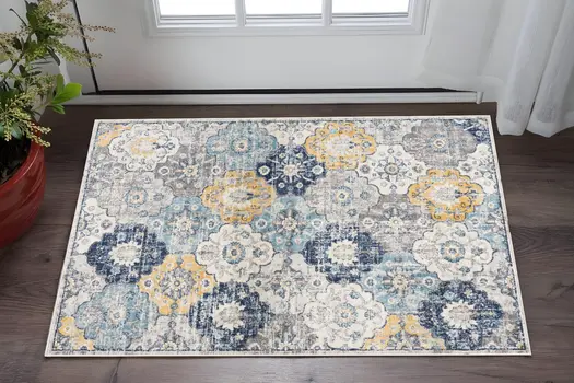 2' X 3' Blue Gray And Gold Floral Medallion Area Rug