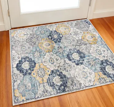 2' X 2' Blue Gray And Gold Floral Medallion Square Rug