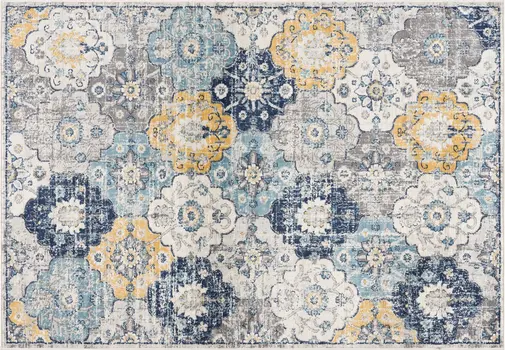 2' X 2' Blue Gray And Gold Floral Medallion Square Rug