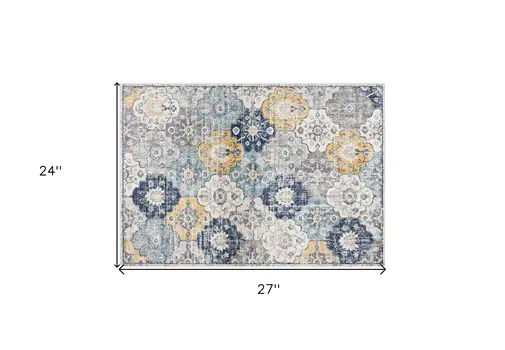2' X 2' Blue Gray And Gold Floral Medallion Square Rug