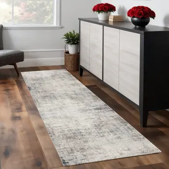 7' Navy Blue Beige And Gray Abstract Runner Rug