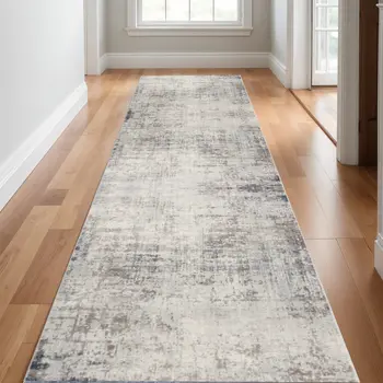 19' Runner Navy Blue Beige And Gray Abstract Runner Rug