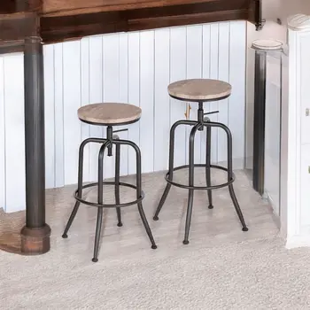 Set of Two Walnut and Black Wood and Iron Backless Adjustable Height Swivel Bar Chairs