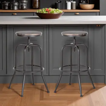 Set of Two Walnut and Black Wood and Iron Backless Adjustable Height Swivel Bar Chairs