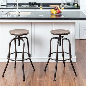 Set of Two Walnut and Black Wood and Iron Backless Adjustable Height Swivel Bar Chairs