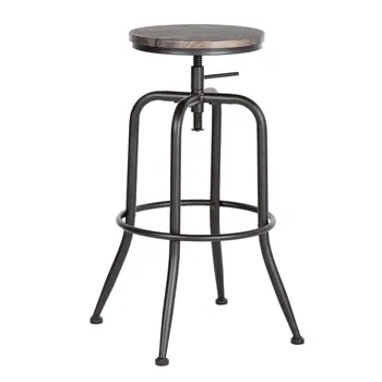 Set of Two Walnut and Black Wood and Iron Backless Adjustable Height Swivel Bar Chairs
