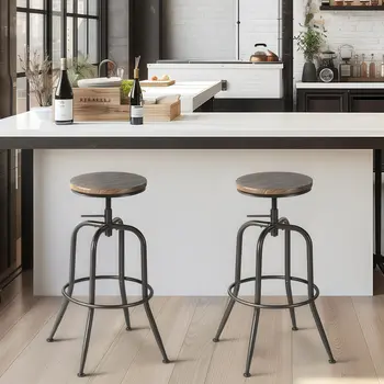 Set of Two Walnut and Black Wood and Iron Backless Adjustable Height Swivel Bar Chairs